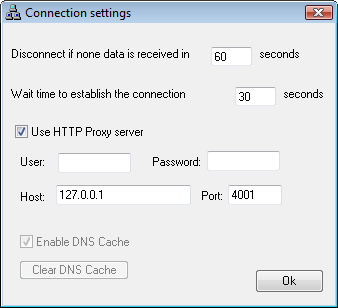 aTube Catcher Connection settings: HTTP proxy 127.0.0.1:4001