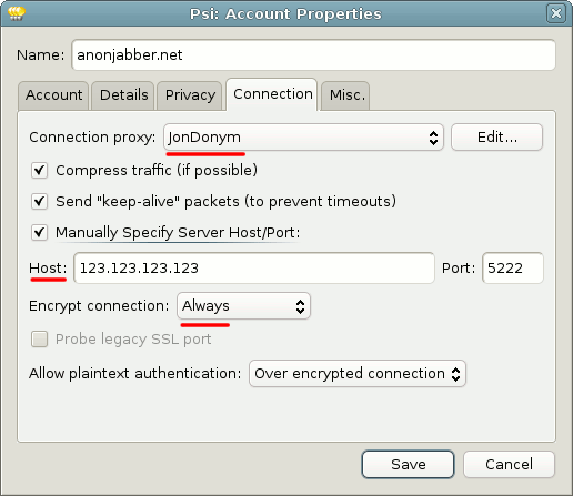 configuration of connection settings