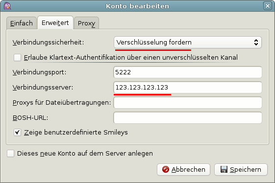IP-Adresse des Jabber-Servers konfigurieren