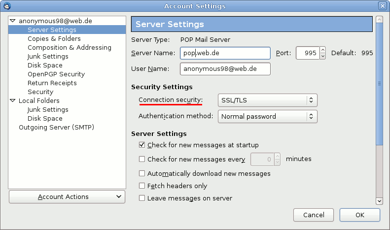 POP3 server configuration